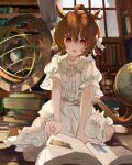  1girl :o agnes_tachyon_(umamusume) ahoge aiha-deko alternate_costume animal_ears book book_stack bookshelf bow brown_eyes brown_hair commentary_request dress globe hair_bow horse_ears horse_girl horse_tail indoors open_book short_hair signature sitting solo tail umamusume wariza white_dress window 