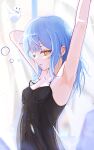  1girl absurdres alternate_costume armpits arms_up bird black_nightgown blue_hair blunt_bangs breasts curtains h1a0t6 hair_down highres looking_at_viewer mahou_shoujo_no_majo_saiban nightgown open_mouth see-through_clothes short_hair single_off_shoulder sleepwear small_breasts solo tachibana_sherry waking_up window yellow_eyes 