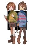  2others ahoge animification black_background blue_shorts blue_sweater blush_stickers boots border brown_boots brown_hair brown_pantyhose brown_shorts chara_(undertale) closed_eyes dande_lion2604 empty_eyes frisk_(undertale) full_body green_sweater hair_between_eyes hands_up highres holding holding_knife holding_stick knife leaf long_sleeves looking_at_viewer multiple_others open_mouth other_focus outside_border pantyhose puffy_long_sleeves puffy_sleeves red_eyes short_hair shorts simple_background single_stripe smile socks sparkle standing stick striped_clothes striped_sweater sweater tan turtleneck turtleneck_sweater undertale utdr_(toby_fox) watermark white_border white_socks 