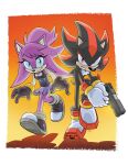 2023 angry anthro black_body black_clothing black_gloves black_handwear black_nose black_topwear border bottomwear clothing digital_media_(artwork) duo eulipotyphlan female footwear gloves green_eyes gun hair handgun handwear hedgehog hi_res holding_gun holding_object holding_ranged_weapon holding_weapon looking_at_viewer male mammal orange_background pink_body ranged_weapon red_eyes sega shadow_the_hedgehog shoes simple_background skirt sonic_the_hedgehog_(series) tail topwear tracy_yardley walking weapon white_border white_clothing white_gloves white_handwear