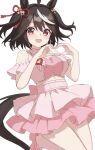  1girl absurdres animal_ears astroglia_cyte bare_shoulders black_hair blush clothing_cutout commentary_request cropped_shirt ear_covers hair_between_eyes hair_ribbon heart heart_hands highres horse_ears horse_girl idol_clothes kitasan_black_(umamusume) layered_skirt looking_at_viewer meni_shuki_rush-sshu! midriff multicolored_hair open_mouth pink_shirt pink_skirt red_eyes red_ribbon ribbon shirt short_hair shoulder_cutout simple_background skirt smile solo streaked_hair two_side_up umamusume white_background white_streaks 