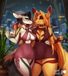  2022 5_fingers antelope anthro bovid breasts brown_eyes canid canine cleavage_cutout clothed clothing digital_media_(artwork) dragonfu dress duo eyebrows eyelashes female fingers gazelle mammal smile 