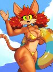 2025 5_fingers absurd_res anthro bikini breasts cheek_tuft clothing cloud digital_drawing_(artwork) digital_media_(artwork) domestic_cat eyelashes facial_tuft felid feline felis female fingers fur fur_tuft gold_bikini graze_(roboticsteve) green_sclera hair hi_res inflatable inner_tube looking_at_viewer mammal markings multicolored_body multicolored_fur navel nipple_outline open_mouth open_smile orange_body orange_fur red_hair ring_cats roboticsteve sky smile solo starry_eyes striped_markings striped_tail stripes swimwear tail tail_markings tan_body tan_fur teeth tongue tuft two-piece_swimsuit