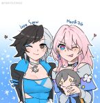  2girls ;) ;d black_choker black_hair black_jacket blue_eyes blue_eyeshadow blush bright_pupils brown_eyes character_doll character_name choker commentary doll earrings english_commentary eyeshadow grey_choker grey_hair highres holding holding_stuffed_toy honkai:_star_rail honkai_(series) jacket jewelry long_sleeves looking_at_viewer luna_snow makeup march_7th_(honkai:_star_rail) march_7th_(preservation)_(honkai:_star_rail) marvel marvel_rivals marydjiang medium_hair multicolored_hair multiple_girls one_eye_closed open_clothes open_jacket open_mouth pink_hair purple_eyes short_hair smile split-color_hair stelle_(honkai:_star_rail) strapless stuffed_toy trailblazer_(honkai:_star_rail) tube_top upper_body white_pupils 