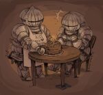  1boy 1girl armor birthday_cake cake covered_face dark_souls_(series) father_and_daughter food full_armor gauntlets helmet jesscookie shoulder_armor sieglinde_of_catarina siegmeyer_of_catarina table 