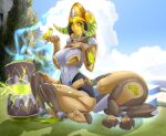  abs anthro aremor blizzard_entertainment breasts clothed clothing cute_expression electricity female ganymede_(overwatch) hi_res hooves horn jrwtih lying machine muscular muscular_anthro navel omnic orisa_(overwatch) overwatch robot skimpy skimpy_armor solo taur thick_thighs video_games wide_hips 