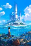  1girl bird black_hair blue_sky building city cloud commentary day english_commentary flock from_behind highres island ocean original outdoors painterly scenery science_fiction shirt sky standing sunlight sylvain_sarrailh tower trash water waves web_address white_shirt 
