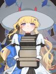  1girl black_gloves blonde_hair blue_sash blush book book_stack closed_mouth commentary_request cuddle_wuddle_(wuthering_waves) diggy_duggy_(wuthering_waves) gloves hair_ornament hat highres holding holding_book long_hair long_sleeves purple_eyes sa_t0_ta sash shirt signature skirt solo tacet_discord_(wuthering_waves) very_long_hair white_hat white_shirt white_skirt wuthering_waves x_hair_ornament 