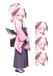  <|>_<|> 1girl absurdres alternate_costume bag black_bag black_hakama black_shoes black_wings blue_archive blush feathered_wings floral_print floral_print_kimono from_side fuwawa_(fuwawa617) hakama halo head_wings highres holding holding_bag japanese_clothes kimono kinchaku koharu_(blue_archive) long_hair long_sleeves looking_at_viewer looking_to_the_side low_wings multiple_expressions open_mouth pink_eyes pink_hair pink_halo pink_kimono pouch print_kimono raised_inner_eyebrows red_halo sandals shoes shoulder_bag simple_background smile socks tabi twintails v_arms white_background white_socks wide_sleeves winged_halo wings zouri 