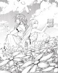  2girls abe_tsukasa arm_strap bare_shoulders book braid breasts closed_mouth cloud dress elf falling_petals field flamme_(sousou_no_frieren) flower flower_field frieren grimoire highres holding holding_book long_hair looking_at_viewer medium_breasts monochrome multiple_girls official_art petals pointy_ears second-party_source short_sleeves sitting sky sousou_no_frieren very_long_hair 