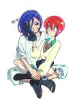  1boy 1girl amate_yuzuriha aqua_eyes aqua_hair aqua_shirt aqua_skirt arm_around_waist between_legs black_gloves blue_hair blush borrowed_accessory borrowed_clothes capri_pants colored_inner_hair eye_contact ggg_3 gloves gundam gundam_gquuuuuux hand_on_another's_cheek hand_on_another's_face highres holding_hands indian_style korean_commentary korean_text light_blush light_smile looking_at_another multicolored_hair necktie one_eye_closed pants red_eyes red_hair red_necktie school_uniform shirt short_hair shuji_ito sitting sitting_on_person skirt sleeves_rolled_up sweater translation_request two-tone_hair wavy_hair white_background white_pants white_shirt white_sweater work_gloves 