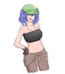  1girl abs bandeau blue_eyes blue_hair breasts cleavage cosplay cowboy_shot english_commentary flat_cap gloves green_headwear hair_bobbles hair_ornament hat highres kawashiro_nitori key mata_(matasoup) open_mouth simple_background solo touhou two_side_up white_background winry_rockbell winry_rockbell_(cosplay) 