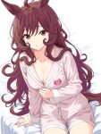  1girl alternate_costume animal_ears breasts brown_hair cleavage commentary_request gentildonna_(umamusume) hair_down highres horse_ears horse_girl large_breasts light_blush long_hair long_sleeves looking_at_viewer on_bed pajamas red_eyes shirt shorts sitting solo thighs umamusume white_pajamas white_shirt white_shorts zenbrush2 