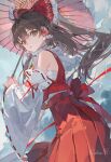  1girl ai-generated bow brown_eyes brown_hair cloud cloudy_sky hair_bow hakurei_reimu highres holding holding_umbrella long_hair rain sky touhou umbrella 