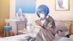  1girl argyle_clothes argyle_shirt bed bed_sheet bedroom bird black_shirt blue_eyes blue_hair blunt_bangs blunt_ends bob_cut book brown_shirt chair closed_mouth colorful_palette cup curtains dot_nose feet_out_of_frame game_cg grey_pants highres indoors inverted_bob kiritani_haruka knees_up light_blush long_sleeves looking_at_object mirror mug official_art on_bed open_up_new_horizons!_(project_sekai) pants penguin picture_frame pillow project_sekai reading shirt short_hair sitting solo split_mouth stuffed_animal stuffed_penguin stuffed_toy table third-party_source two-tone_shirt 
