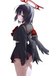  1girl absurdres armband ass black_hair black_serafuku black_wings blue_archive blush bow bowtie breasts commentary cropped_shirt danyun_03 feathered_wings halo highres long_sleeves looking_at_viewer looking_to_the_side mashiro_(blue_archive) medium_breasts midriff miniskirt purple_eyes red_armband red_bow red_bowtie school_uniform serafuku short_hair simple_background skirt solo sweatdrop untranslatable_commentary white_background wings 