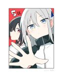  2girls absurdres baka_ni_kokuhaku black_hair blue_eyes blush border closed_mouth commentary_request finger_counting frown hayami_(baka_ni_kokuhaku) highres jacket looking_at_viewer multiple_girls ootsuki_ayumu open_hand red_background red_eyes shirt simple_background track_jacket upper_body white_border white_hair white_jacket white_shirt yasaka_syu 
