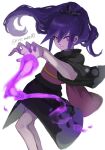  1girl artist_name black_kimono highres hyakkihime japanese_clothes kimono long_hair looking_at_viewer magic nino_mae00 purple_eyes purple_hair simple_background solo white_background youkai_(youkai_watch) youkai_watch 