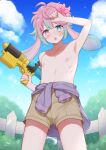  +++_(artist) 1boy :o animal_ears arm_up blue_sky blush cloud commission flower green_eyes green_hair gun hair_flower hair_ornament heterochromia highres holding holding_gun holding_weapon looking_at_viewer looking_down male_focus multicolored_hair nipples nose_blush open_mouth pectorals pink_eyes pink_hair rabbit_boy rabbit_ears shorts skeb_commission sky solo topless_male water_gun weapon 
