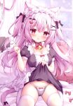  1girl :q absurdres animal_ear_fluff animal_ears artist_name bell black_bow black_choker black_dress black_panties blush bow bow_panties bowtie breasts cameltoe cat_ears cat_girl cat_tail choker cleavage clothes_lift collar dengeki_moeoh double-parted_bangs dress dress_lift groin hair_bow hair_ornament hairclip head_tilt heart heart-shaped_pillow heart_hair_ornament highres holding indoors jingle_bell knees_out_of_frame lace-trimmed_panties lace_trim lifting_own_clothes long_hair looking_at_viewer magazine_scan maid maid_headdress medium_breasts mimikaki neck_bell original page_number panties pillow pink_bow pink_bowtie pink_eyes pink_hair pink_nails puffy_short_sleeves puffy_sleeves raised_inner_eyebrows scan short_sleeves sidelocks sitting smile solo string_panties tail thighhighs third-party_source tongue tongue_out two_side_up underwear wariza white_collar white_thighhighs window x_hair_ornament yuduki_pdx 