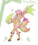  1girl absurdres armpits bare_shoulders bird_legs bird_tail breasts brown_feathers color_guide commentary_request dark_skin digitigrade english_text feather_hair_ornament feathered_wings feathers frown full_body grass green_eyes green_feathers hair_ornament harpy highres leaf_hair_ornament logo looking_at_viewer medium_hair monster_girl navel organic_bra original pink_feathers pink_hair shitoi_(aqua1487) sidelocks simple_background small_breasts solo tail talons tearing_up thick_thighs thighs tree twintails two-tone_wings underboob white_background winged_arms wings 
