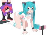  2girls all_fours aqua_eyes aqua_hair black_armlet bra breasts cellphone cropped_shirt hatsune_miku highres kasane_teto large_breasts long_hair looking_at_viewer monster_l_(hochihochiha) multiple_girls nail_polish open_mouth panties phone smartphone socks twintails underwear utau vocaloid white_bra white_panties white_socks 