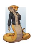  2022 apode breasts clothing digital_media_(artwork) draconcopode female fingers foxovh hi_res legless naga navel non-mammal_breasts reptile scalie serpentine simple_background smile snake solo 