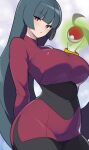  1girl alternate_breast_size_(larger) arm_behind_back black_bodysuit black_hair blunt_bangs bodysuit bodysuit_under_clothes breasts bright_pupils commentary_request cowboy_shot cropped_jacket energy floating_hair gloves hand_up hime_cut holding holding_poke_ball huge_breasts jacket light_blush long_hair looking_at_viewer miniskirt mituyota_76 parted_lips poke_ball poke_ball_(basic) pokemon pokemon_frlg red_eyes red_jacket red_skirt sabrina_(pokemon) side_slit sidelocks sideways_glance simple_background skin_tight skirt solo straight_hair turtleneck turtleneck_jacket very_long_hair white_background white_gloves white_pupils 