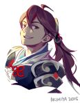  1boy armor fire_emblem fire_emblem_fates japanese_armor japanese_clothes long_hair looking_at_viewer male_focus piano_(agneschen) ponytail red_hair smile solo subaki_(fire_emblem) 