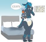 ageplay anthro bed blue_hair blue_horn blue_inner_ear blue_markings blue_nose blue_tongue bodily_fluids clothed clothing diaper facial_piercing fangs front_view fur furniture genital_fluids grey_body grey_fur hair hardscales hi_res holding_object holding_plushie horn infantilism lip_piercing male male_anthro markings multiple_piercings narrowed_eyes nose_piercing nose_ring open_mouth piercing pillow plushie ring_piercing roleplay septum_piercing septum_ring snakebite_piercing solo species_request standing teeth tongue topless unclean_diaper urine used_diaper wearing_diaper wet_bed wet_diaper white_diaper yawn