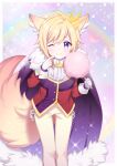  +++_(artist) 1boy ;) animal_ears cape chain commission crown eyebrows_visible_through_hair fox_boy fox_ears fox_tail fur_trim gloves highres holding light_blush looking_at_viewer male_focus one_eye_closed original pants prince purple_eyes skeb_commission smile solo tail white_gloves 