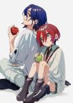  1boy 1girl amate_yuzuriha apple aqua_eyes aqua_hair aqua_shirt aqua_skirt black_boots black_gloves black_necktie blue_hair boots borrowed_accessory borrowed_clothes closed_mouth crescent crescent_earrings diagonal-striped_clothes diagonal-striped_necktie earrings food fruit gloves green_apple gundam gundam_gquuuuuux head_on_another's_back holding holding_food holding_fruit jewelry kneehighs knees_to_chest leaning_on_person looking_at_another looking_back multicolored_eyes multicolored_hair necktie o6nuqm pants pleated_skirt red_eyes red_hair red_necktie school_uniform shirt short_hair shuji_ito sitting skirt sleeves_rolled_up smile socks striped_clothes striped_socks sweater two-tone_eyes two-tone_hair wavy_hair white_background white_pants white_shirt white_sweater work_gloves 