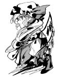  1girl ascot closed_mouth collared_shirt crystal_wings flandre_scarlet floating_hair frills from_side greyscale hair_between_eyes hat hat_ribbon highres long_hair looking_to_the_side minakaranu mob_cap monochrome one_side_up puffy_short_sleeves puffy_sleeves ribbon shirt short_sleeves simple_background solo touhou upper_body vest wings 