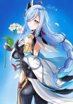  1girl akiba_tsukimi back backless_bodysuit black_bodysuit blue_background blue_eyes bodysuit braid breast_curtain breasts chinese_clothes clothing_cutout commentary_request cowboy_shot floating_hair flower genshin_impact hair_over_one_eye highres hip_vent holding holding_flower large_breasts long_hair looking_at_viewer looking_back shenhe_(genshin_impact) shoulder_cutout signature smile solo tassel very_long_hair white_flower white_hair 
