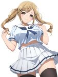  1girl bang_dream! bang_dream!_girls_band_party! black_thighhighs blonde_hair blue_neckerchief breasts brown_eyes closed_mouth commentary hair_ornament hanasakigawa_school_uniform highres ichigaya_arisa large_breasts long_hair looking_at_viewer midriff navel neckerchief noshimurin pleated_skirt sailor_collar school_uniform serafuku short_sleeves simple_background skirt solo thighhighs twintails white_background white_sailor_collar white_skirt x_hair_ornament zettai_ryouiki 