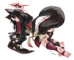  1girl absurdres all_fours animal_ear_fluff animal_ears ass black_hair black_kimono blue_archive colored_inner_hair convenient_tail eyeshadow fox_ears fox_girl fox_tail halo highres japanese_clothes kimono long_hair looking_at_viewer makeup multicolored_hair obi red_eyeshadow red_hair red_halo sash shangdi_de_fa_zhang smile solo stirrup_legwear tail toeless_legwear very_long_hair wakamo_(blue_archive) wide_sleeves yellow_eyes 