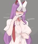 1girl absurdres animal_ears blush breasts cleavage closed_eyes commentary condom cum cum_on_body cum_on_breasts facial facing_viewer grey_background highres holding holding_condom large_breasts long_hair mata_(matasoup) navel necktie nipples open_mouth paid_reward_available puffy_short_sleeves puffy_sleeves purple_hair rabbit_ears rabbit_girl red_necktie reisen_udongein_inaba shirt short_sleeves simple_background stray_pubic_hair touhou undone_necktie used_condom very_long_hair white_shirt 