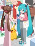  2boys 2girls aqua_hair aqua_nails backpack bag black_hair braid brown_bag brown_hair commentary crossover gashapon grey_pants hair_ornament hatsune_miku highres holding holding_bag hood hoodie long_hair monster_l_(hochihochiha) multiple_boys multiple_crossover multiple_girls one-punch_man open_mouth outdoors pants pikachu pikmin_(series) pink_pants pink_shirt pokemon pokemon_(creature) pokemon_bw2 ranma_1/2 rosa_(pokemon) saitama_(one-punch_man) saotome_ranma shirt shoes sneakers spring_onion tile_floor tiles twintails untranslatable_commentary visor_cap vocaloid x_hair_ornament 