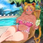  1girl alternate_body_size alternate_breast_size_(larger) alternate_costume bare_shoulders bishoujo_senshi_sailor_moon blonde_hair blue_eyes blue_sky blush breasts chair cherry cleavage clothing_cutout cloud cloudy_sky commentary commission cup curtained_hair curvy dated day double_bun drink drinking_straw earrings feet_out_of_frame flower food frilled_one-piece_swimsuit frills fruit hair_bun hair_flower hair_ornament hibiscus highres holding holding_drink holding_food holding_fruit ice ice_cube iroquoisdomi jewelry large_breasts leaning_back lime_(fruit) lime_slice long_hair looking_to_the_side lounge_chair nail_polish navel one-piece_swimsuit outdoors parted_bangs parted_lips pink_one-piece_swimsuit plump pool poolside shade signature sitting skindentation sky solo stomach_cutout striped_clothes striped_one-piece_swimsuit stud_earrings sweat swimsuit thick_lips thick_thighs thighs tree tsukino_usagi twintails very_long_hair white_nails 
