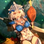  1girl anna_anon belt belt_pouch black_gloves body_markings boned_meat breasts brown_belt chicken_(food) cropped crotchless crotchless_pants dagger english_commentary facial_mark fingerless_gloves food fruit fur-trimmed_gloves fur_trim gloves grey_hair highres holding holding_food holster knife large_breasts looking_at_viewer meat monster_hunter_(character) monster_hunter_(series) monster_hunter_stories_2:_wings_of_ruin navel open_mouth pants pineapple pouch red_eyes short_hair smile solo standing sword weapon 