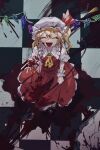  1girl ascot blonde_hair blood blood_on_clothes blood_on_hands checkered_floor closed_eyes collared_shirt commentary_request crystal crystal_wings facing_viewer flandre_scarlet hat highres holding holding_weapon kijima_(amayadori-tei) laevatein_(touhou) mob_cap multicolored_wings one_side_up open_mouth pointy_ears puffy_short_sleeves puffy_sleeves red_eyes red_skirt red_vest shirt short_sleeves skirt skirt_set smile solo touhou twitter_username vest weapon white_hat white_shirt wings wrist_cuffs yellow_ascot 
