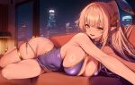  1girl armpit_crease bare_arms bare_shoulders barefoot blue_dress breasts chano39 chaperina_philosys china_dress chinese_clothes city_lights cleavage commentary_request commission couch covered_navel dress earrings elf flower gold_trim gradient_hair hair_flower hair_ornament hair_ribbon highres indoors jewelry korean_commentary large_breasts long_hair looking_at_viewer lying multicolored_hair night on_couch on_side open_mouth original panties panty_pull pelvic_curtain pointy_ears ponytail ribbon second-party_source side-tie_panties sideboob sidelocks skindentation sleeveless sleeveless_dress smile solo string_panties tassel tassel_earrings thighlet thighs underwear very_long_hair white_hair white_panties yellow_eyes 