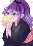  1girl black_kimono blush bopon_o0o bread commentary_request food holding holding_food hyakkihime japanese_clothes kimono long_hair melon_bread purple_eyes purple_hair solo sparkle youkai_(youkai_watch) youkai_watch 
