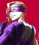  1boy :q blonde_hair commentary eye_mask from_behind gloves green_eyes highres jojo_no_kimyou_na_bouken looking_at_viewer looking_back male_focus mask medium_hair melone portrait purple_gloves purple_mask red_background simple_background sketch smirk solo tongue tongue_out untranslatable_commentary vento_aureo yyx_x 