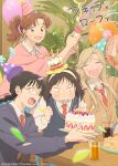 4girls :d absurdres aqua_hat balloon birthday black_hair black_sweater blonde_hair blowing_candle blue_sweater_vest blueberry blush braid brown_cardigan brown_eyes brown_hair cake cake_hat candle cardigan chips_(food) collared_shirt commentary_request confetti copyright_name d: drink earrings egashira_mika food fruit glass glasses hairband happy_birthday happy_tears hat highres icing iwakura_mitsumi jewelry kurume_makoto laughing long_hair long_sleeves multiple_girls murashige_yuzuki necktie official_art open_mouth party_hat party_popper pink_sweater polka_dot_hat ponytail potato_chips print_hat purple_hat red_hat red_necktie school_uniform second-party_source shirt skip_to_loafer smile star_(symbol) star_print strawberry strawberry_shortcake streamers striped_hat stud_earrings sweat sweater sweater_vest table tears twin_braids umeshita_manami unworn_hat unworn_headwear v-shaped_eyebrows white_hairband white_shirt wooden_table 