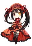  1girl black_hair chibi chibi_only clock_eyes date_a_live dress frilled_dress frilled_hairband frills grandia_koori hairband heterochromia lolita_fashion lolita_hairband long_hair red_dress red_eyes ribbon smile solo symbol-shaped_pupils thighhighs tokisaki_kurumi tokisaki_kurumi_(spirit) twintails two-tone_dress v-shaped_eyebrows yellow_eyes 