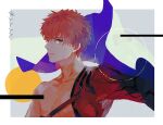  1boy :| abs bangs cape closed_mouth commentary_request emiya_shirou expressionless fate/grand_order fate_(series) hanakazesun highres igote japanese_clothes looking_at_viewer male_focus red_hair senji_muramasa_(fate) short_hair solo upper_body yellow_eyes 