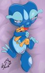animal_genitalia bed bedding bedding_background blue_body bodily_fluids cloaca cloaca_juice digital_drawing_(artwork) digital_media_(artwork) dorknoodle female feral furniture gecko gecqua generation_10_pokemon genital_fluids genitals hi_res holding_object holding_plushie horizontal_cloaca lizard lying nintendo on_back on_bed on_bedding plushie pokemon pokemon_(species) reptile scalie simple_background solo tears