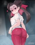  1girl absurdres artist_name artsheops ass breasts brown_hair commentary cowboy_shot english_commentary hair_pulled_back heart highres long_hair medium_breasts nipples pants pantyhose pokemon pokemon_oras puffy_short_sleeves puffy_sleeves red_eyes roxanne_(pokemon) see-through_clothes shirt short_sleeves smile solo sweat twintails wet wet_clothes wet_shirt 