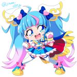  1girl :d ahoge asymmetrical_bangs blue_boots blue_bow blue_cape blue_dress blue_eyes blue_hair boots bow brooch cape chibi chibi_only clenched_hands colored_petticoat commentary cure_sky cut_bangs detached_sleeves diagonal_bangs dress dress_bow earrings fighting_stance fingerless_gloves fringe-trimmed_cape fringe_trim full_body gloves gradient_hair hair_bow hair_ornament hands_up hirogaru_sky!_precure jewelry legs_apart long_hair looking_at_viewer magical_girl medium_dress multicolored_hair open_mouth petticoat pink_bow pink_hair precure puffy_detached_sleeves puffy_sleeves red_cape simple_background single_earring single_hair_streak single_sidelock sleeveless sleeveless_dress smile soboro_(jitome_dan) solo sora_harewataru sphere_earrings standing streaked_hair teeth thighhighs twintails twitter_username two-sided_cape two-sided_fabric two-tone_dress two-tone_hair upper_teeth_only v-shaped_eyebrows very_long_hair white_background white_dress white_gloves white_thighhighs wing_brooch wing_hair_ornament zettai_ryouiki 